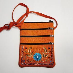 Embroidered Small Crossbody Bag Shoulder Purse 5 Zip Hippie Boho Orange